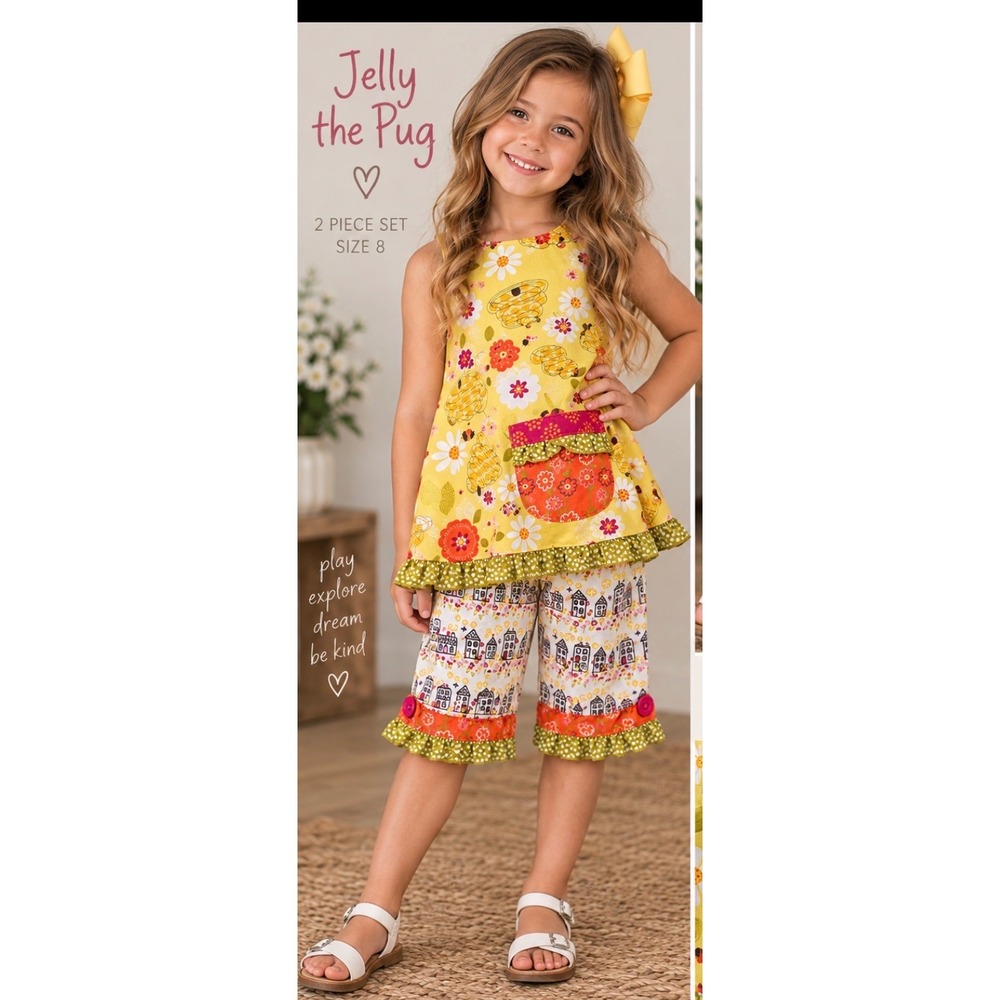 Jelly the Pug Girls Floral Bee Tunic & Ruffle Shorts Set Size 8 Jamie Woven